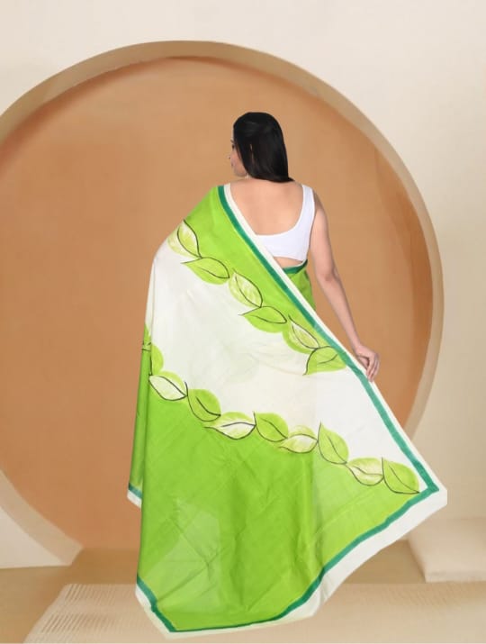 Off White and Green Colour Hand Brush Painted Mulberry Katan Silk