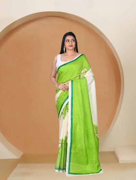 Off White and Green Colour Hand Brush Painted Mulberry Katan Silk