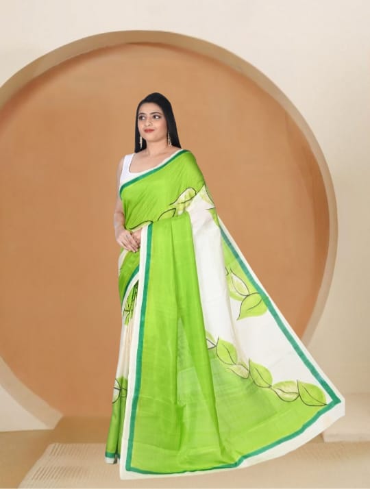 Off White and Green Colour Hand Brush Painted Mulberry Katan Silk