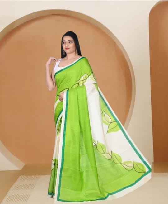Off White and Green Colour Hand Brush Painted Mulberry Katan Silk