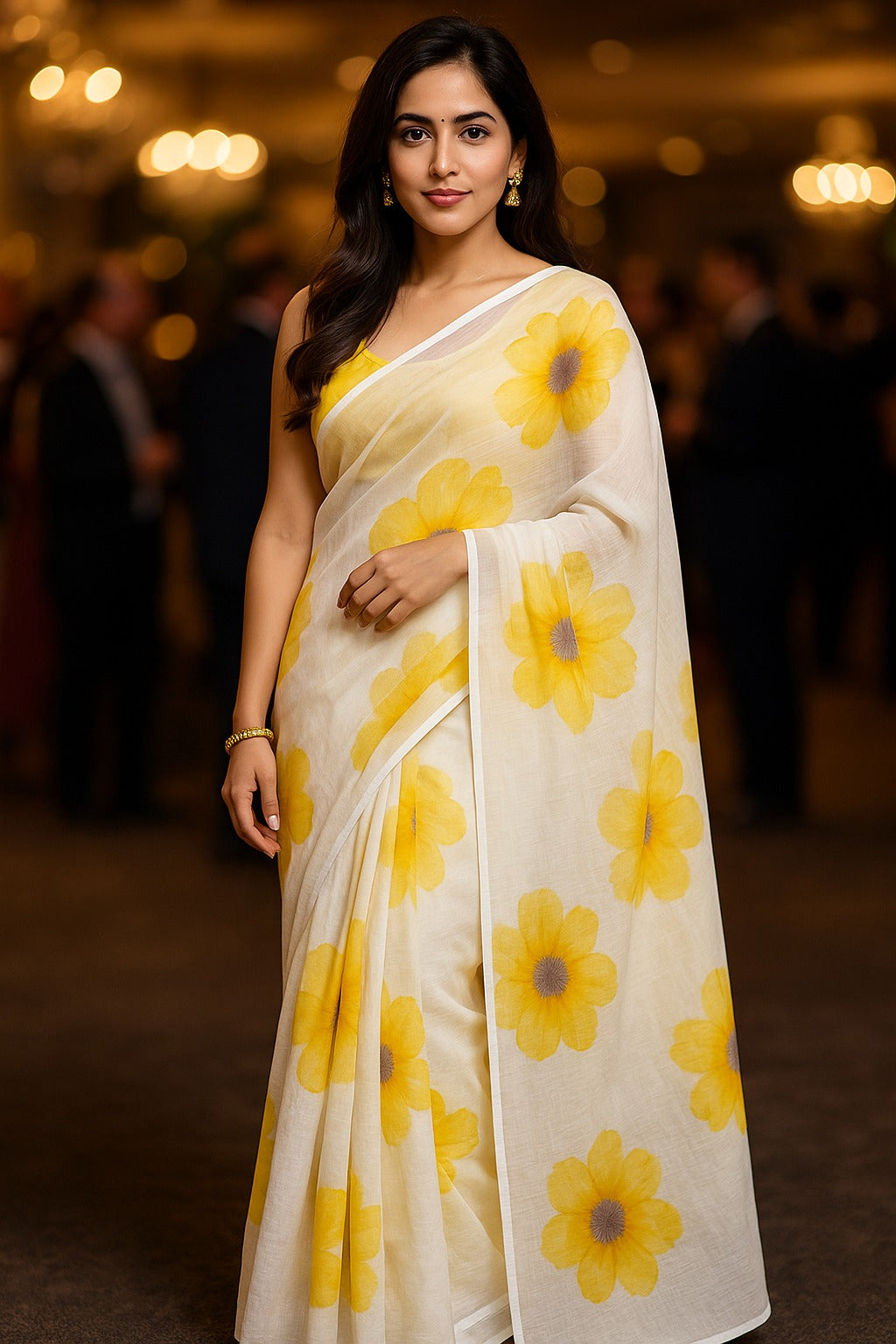 White and Yellow Hand Block Printed Linen Saree