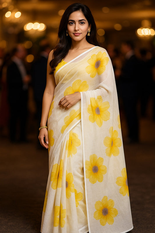 White and Yellow Hand Block Printed Linen Saree