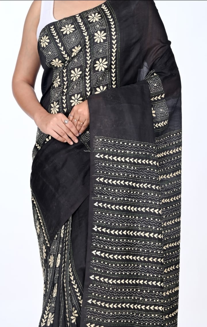 White Colour Hand Kantha Embroidery Work on Black Colour 3ply Bangalore Silk