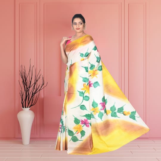 White Yellow Green Pink Multicolour Hand Brush Painted Mulberry Katan Silk