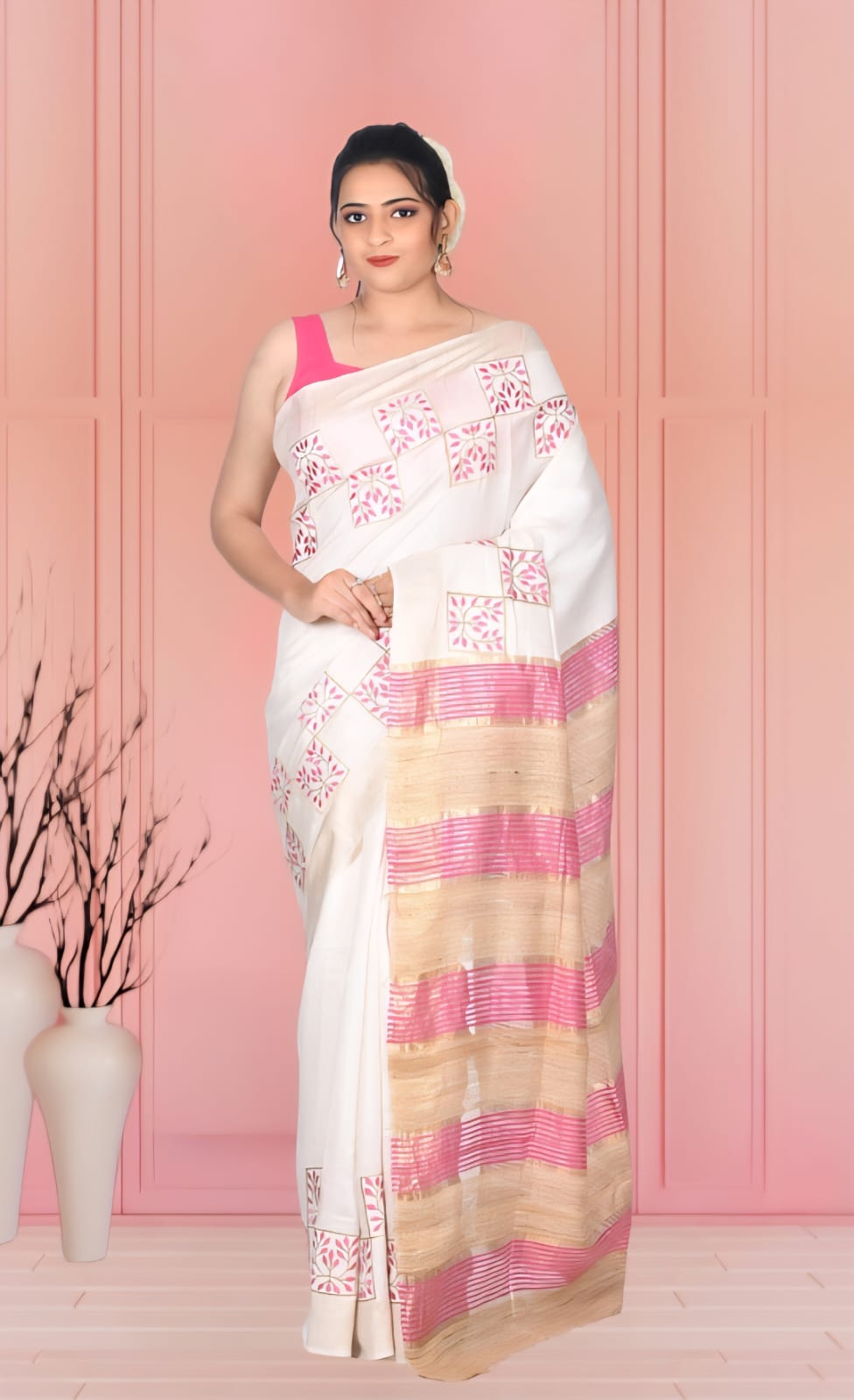White Staple Tussar Silk Saree with Gheecha Anchal and Embroidery Work in the Body