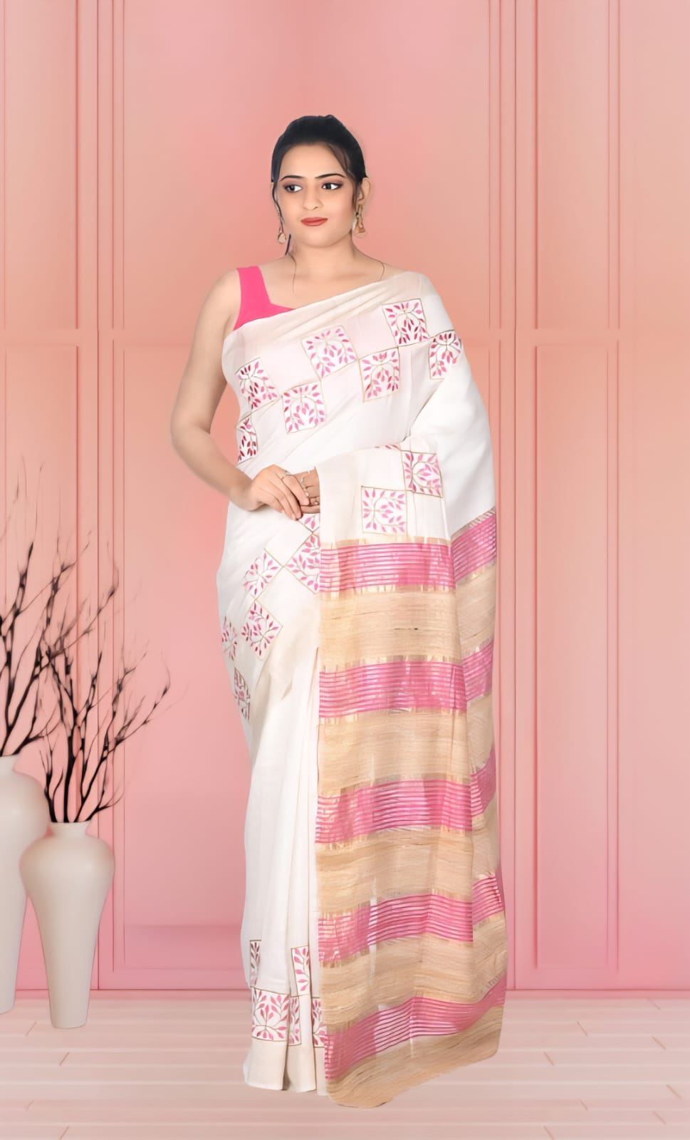 White Staple Tussar Silk Saree with Gheecha Anchal and Embroidery Work in the Body