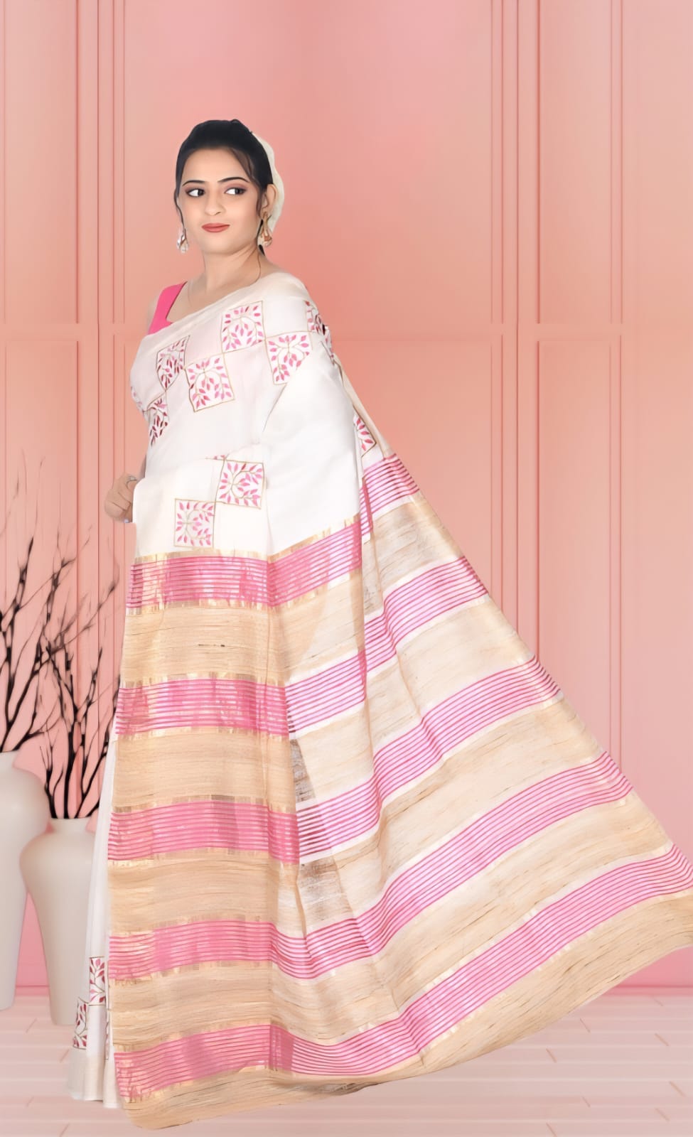 White Staple Tussar Silk Saree with Gheecha Anchal and Embroidery Work in the Body