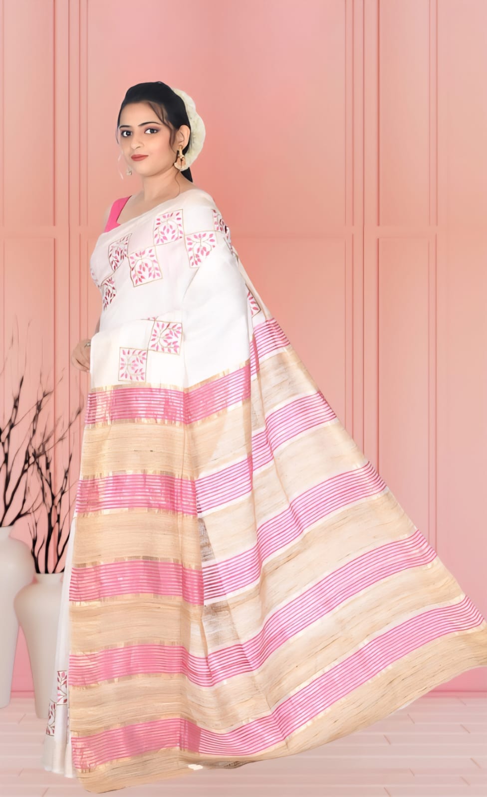 White Staple Tussar Silk Saree with Gheecha Anchal and Embroidery Work in the Body