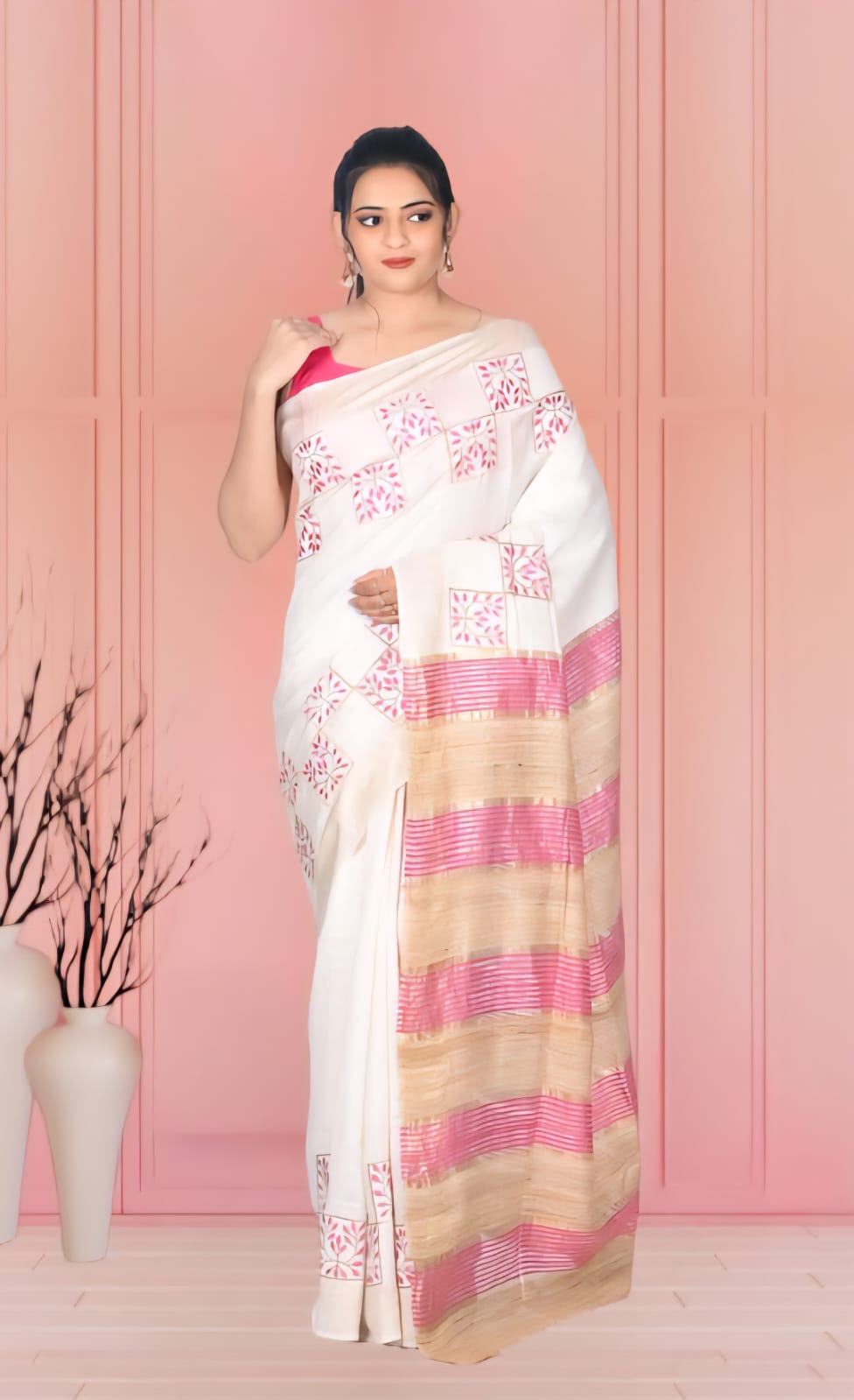 White Staple Tussar Silk Saree with Gheecha Anchal and Embroidery Work in the Body