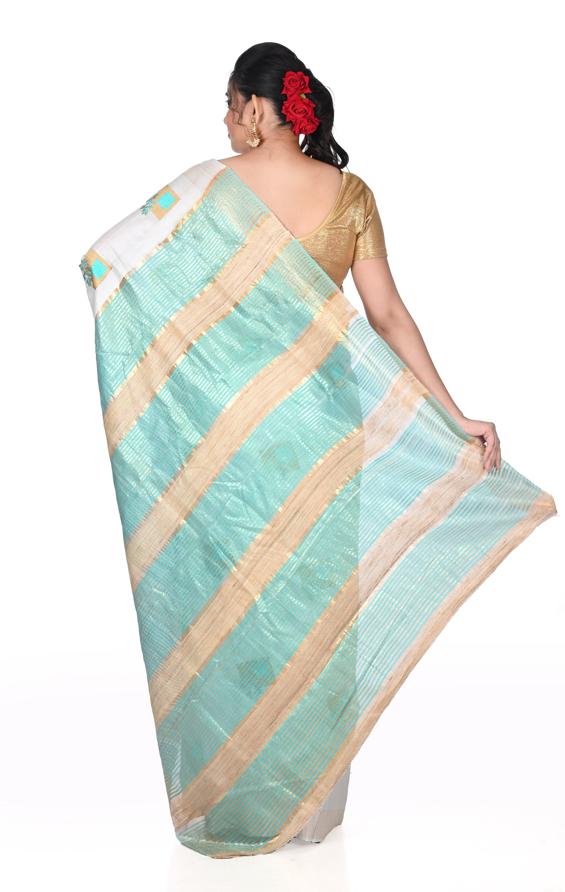 Full Body Embroidery Work on White Semi Tussar Silk Saree with Gheecha anchal and Zari Border