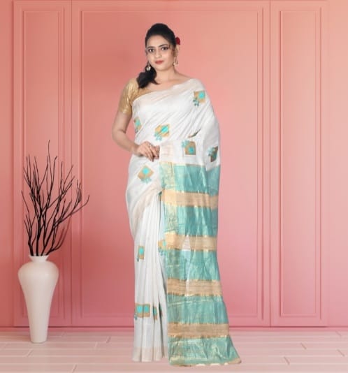Full Body Embroidery Work on White Semi Tussar Silk Saree with Gheecha anchal and Zari Border