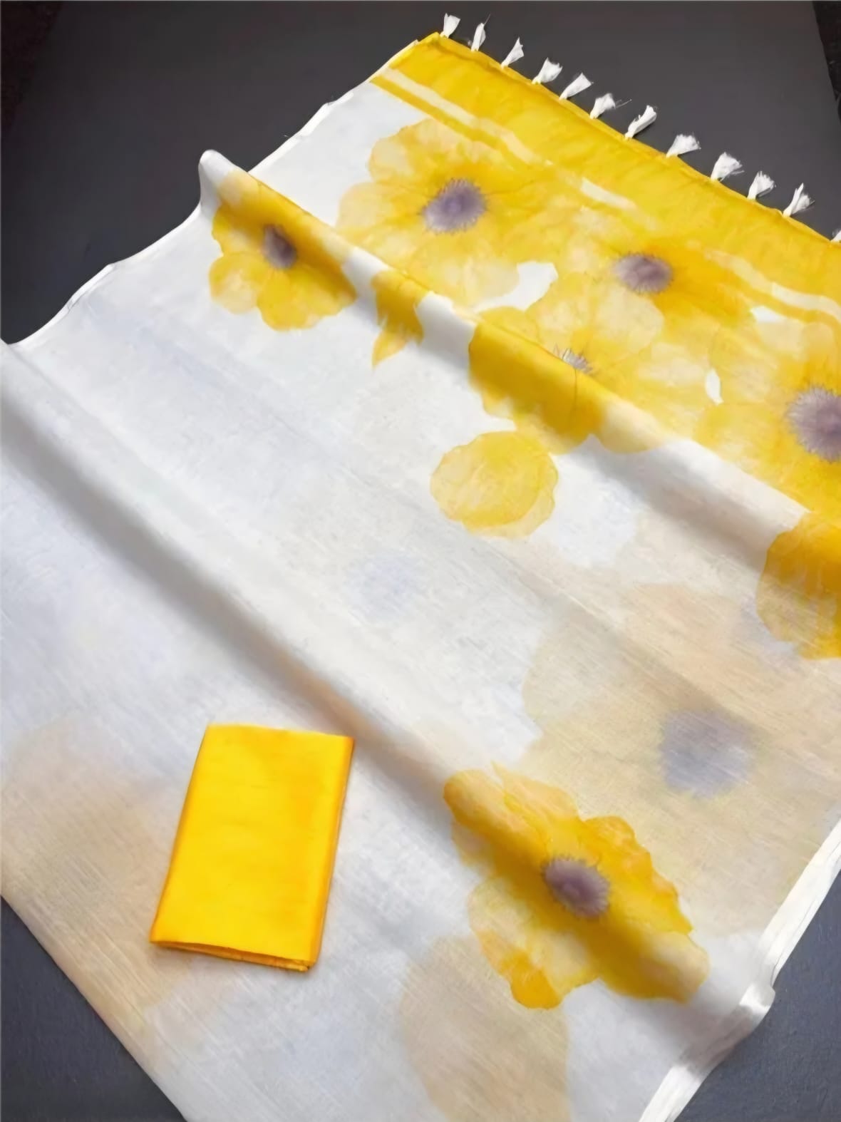 Hand Block Printed White and Yellow Colour Linen