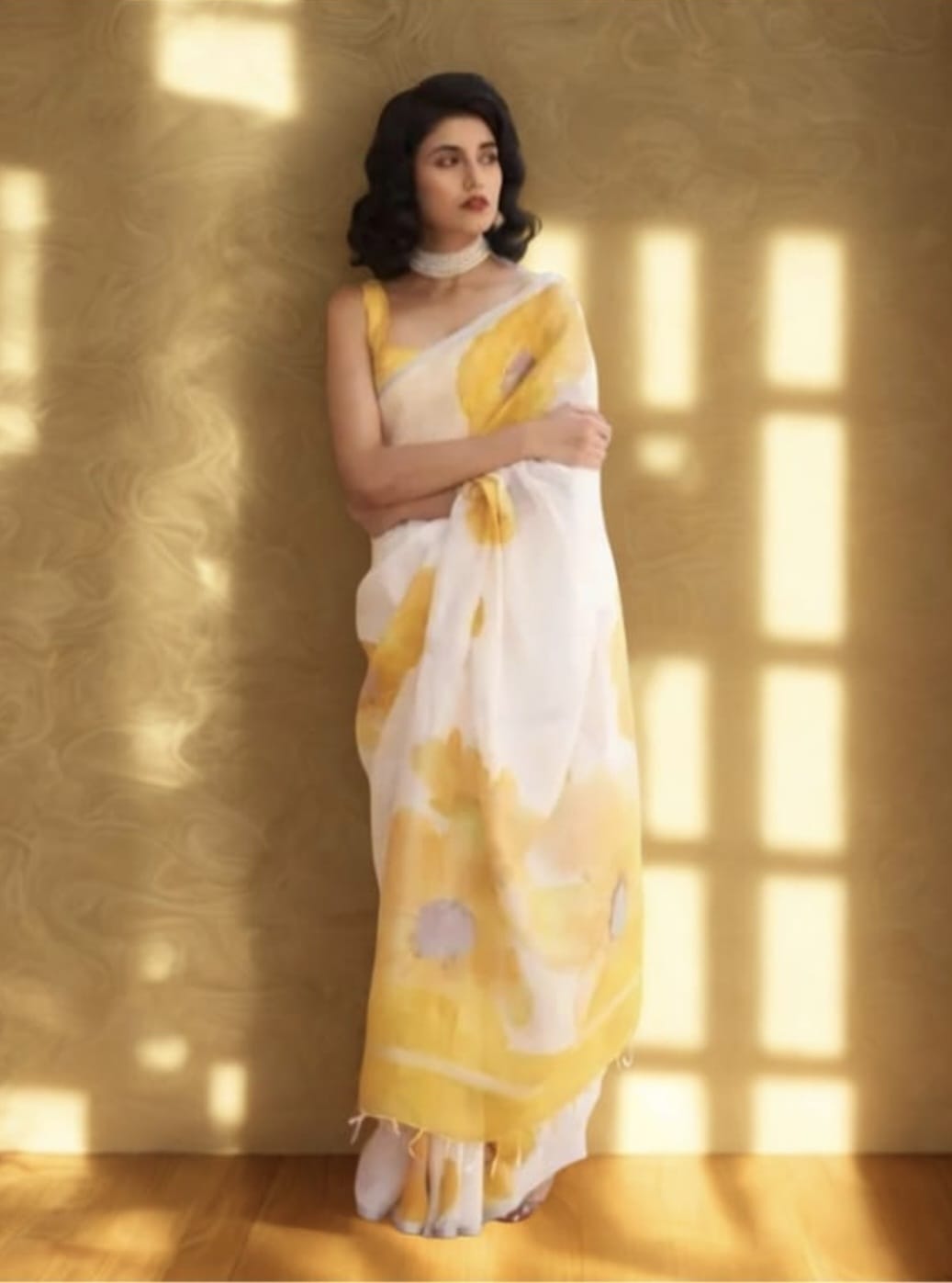 Hand Block Printed White and Yellow Colour Linen