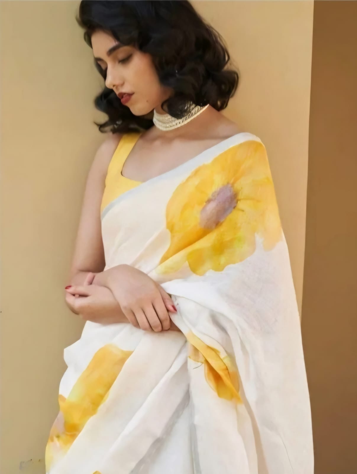 Hand Block Printed White and Yellow Colour Linen
