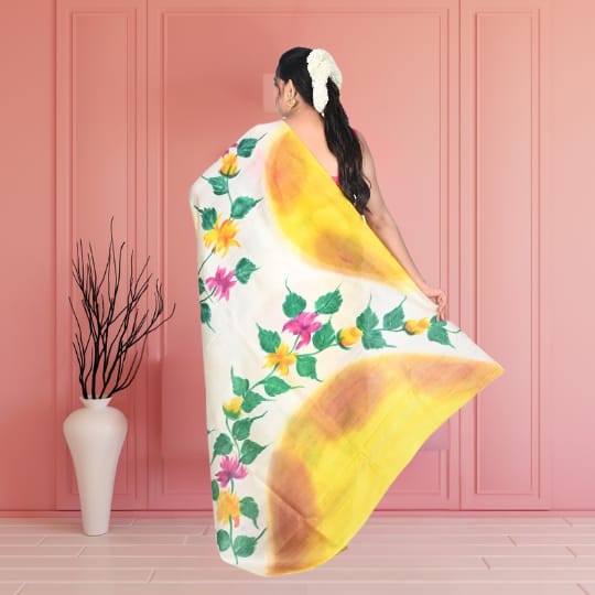 White Yellow Green Pink Multicolour Hand Brush Painted Mulberry Katan Silk