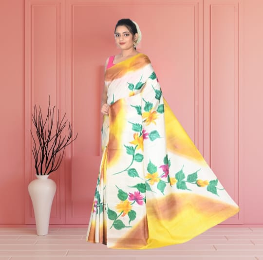 White Yellow Green Pink Multicolour Hand Brush Painted Mulberry Katan Silk