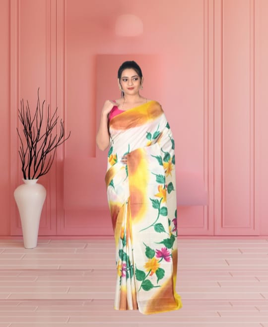 White Yellow Green Pink Multicolour Hand Brush Painted Mulberry Katan Silk