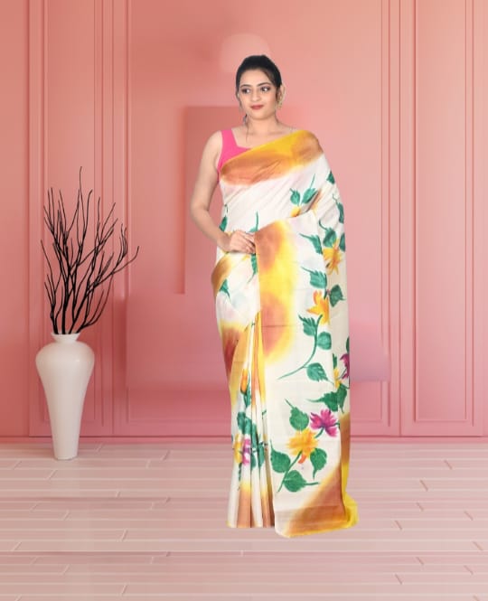 White Yellow Green Pink Multicolour Hand Brush Painted Mulberry Katan Silk