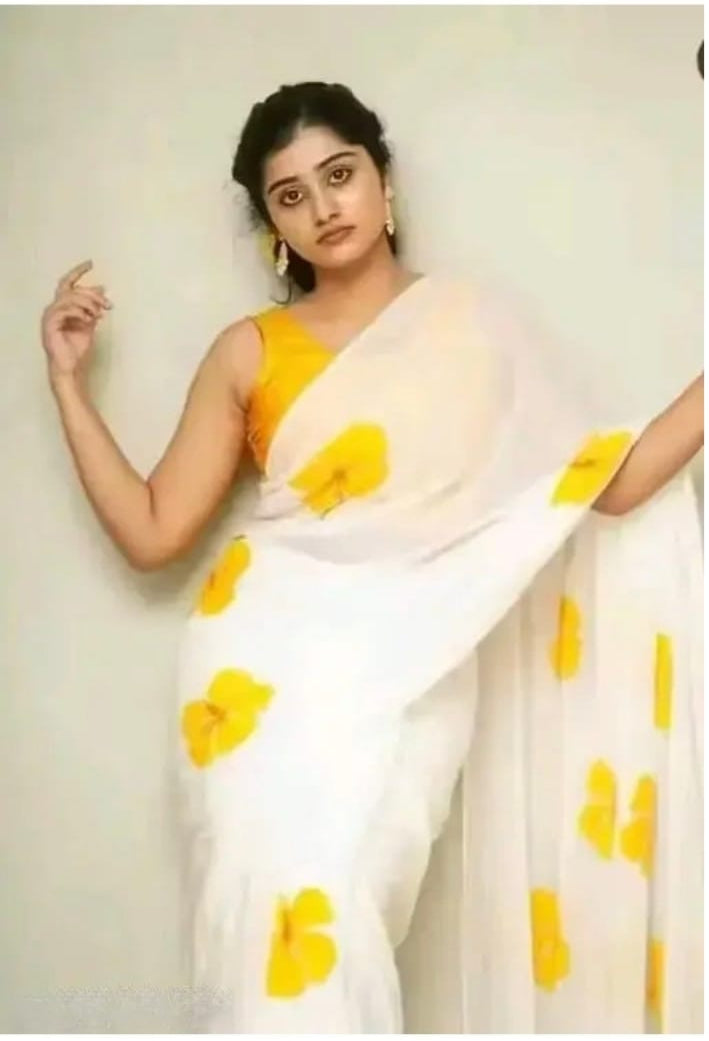 White and Yellow Hand Block Printed Linen Saree