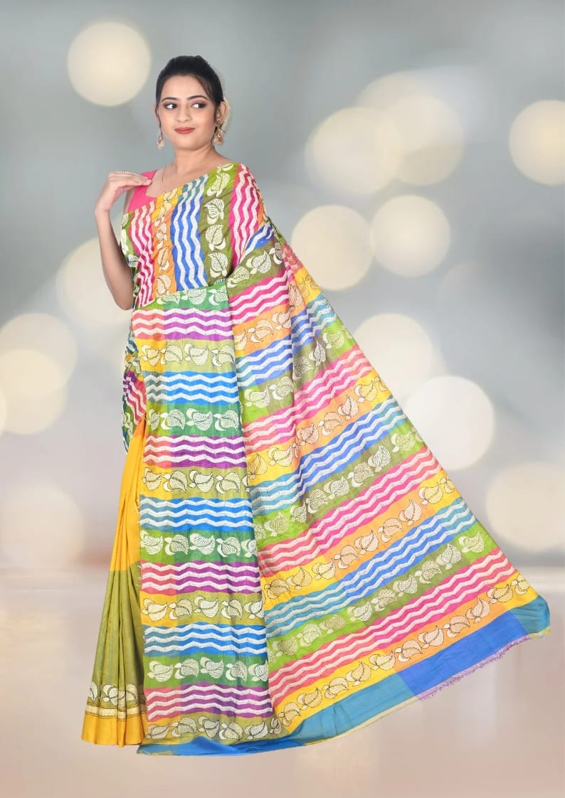 Hand Kantha Embroidery Work on Multicolour Mulberry Katan Silk
