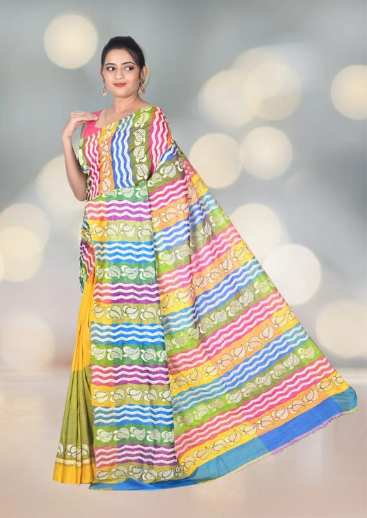 Hand Kantha Embroidery Work on Multicolour 3Ply Mulberry Katan Silk