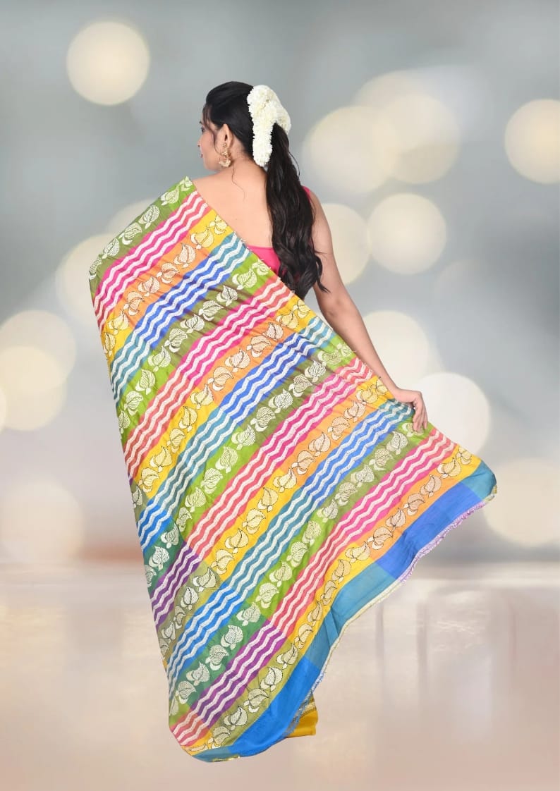 Hand Kantha Embroidery Work on Multicolour Mulberry Katan Silk