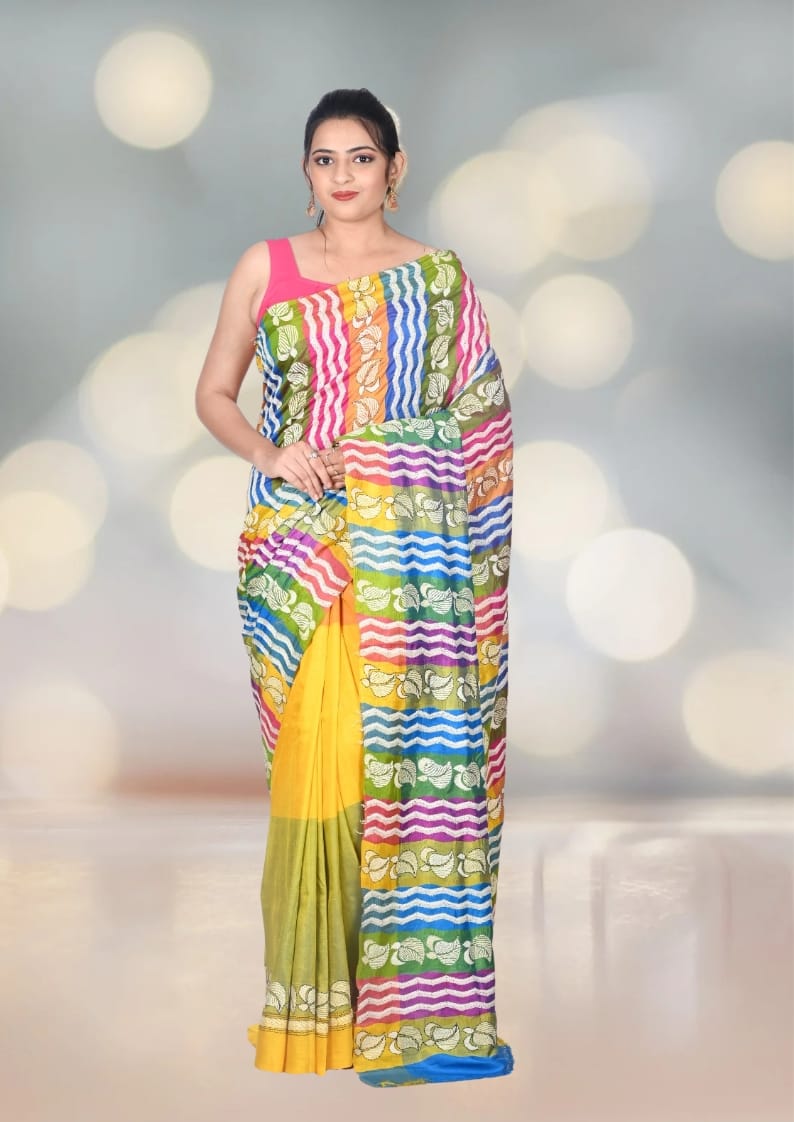 Hand Kantha Embroidery Work on Multicolour Mulberry Katan Silk