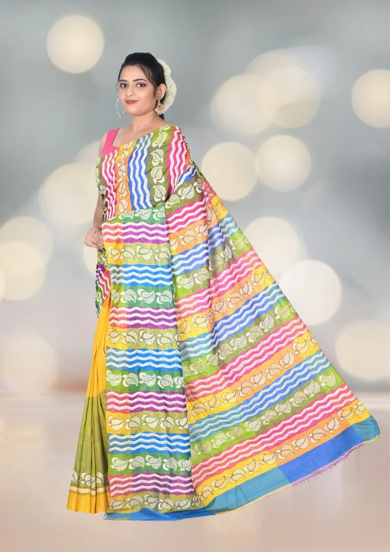 Hand Kantha Embroidery Work on Multicolour Mulberry Katan Silk