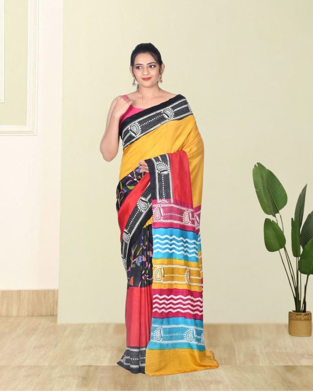 Yellow Red Black Blue Multicolour Hand Kantha Embroidery Work on Hand Brush Painted Mulberry Katan Silk