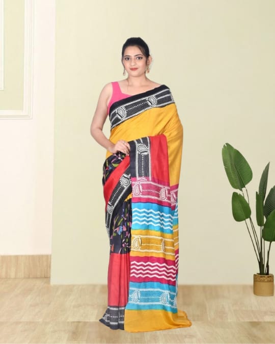 Yellow Red Black Blue Multicolour Hand Kantha Embroidery Work on Hand Brush Painted Mulberry Katan Silk