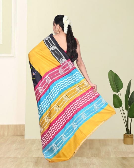 Yellow Red Black Blue Multicolour Hand Kantha Embroidery Work on Hand Brush Painted Mulberry Katan Silk