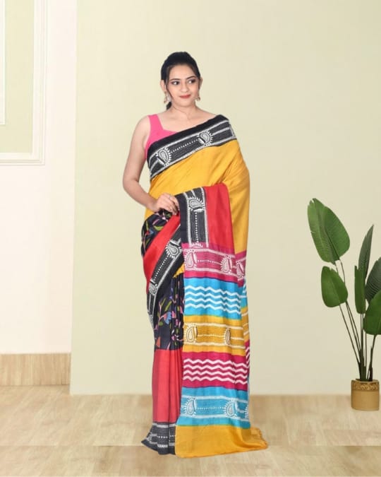 Yellow Red Black Blue Multicolour Hand Kantha Embroidery Work on Hand Brush Painted Mulberry Katan Silk