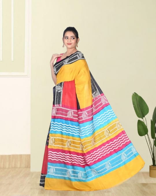 Yellow Red Black Blue Multicolour Hand Kantha Embroidery Work on Hand Brush Painted Mulberry Katan Silk