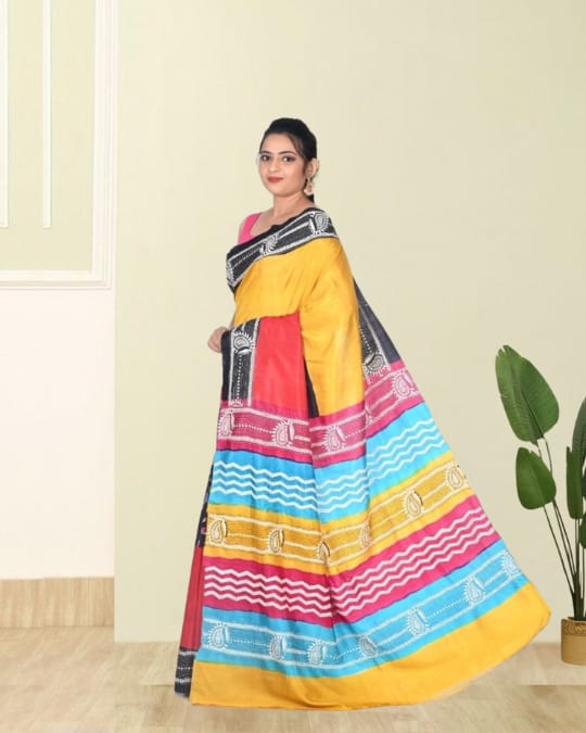 Yellow Red Black Blue Multicolour Hand Kantha Embroidery Work on Hand Brush Painted Mulberry Katan Silk