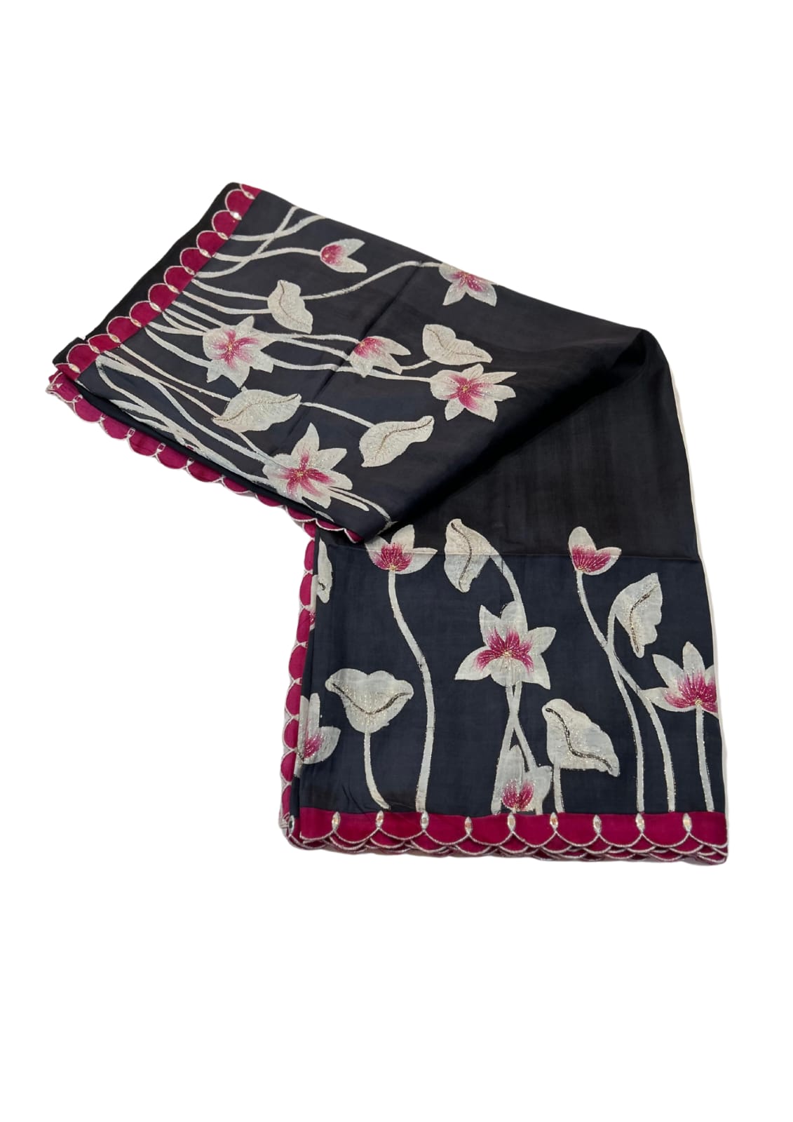 Dark Grey White and Magenta Colour Hand Brush Painted Mulberry Katan Silk with Embroidery work on the Design