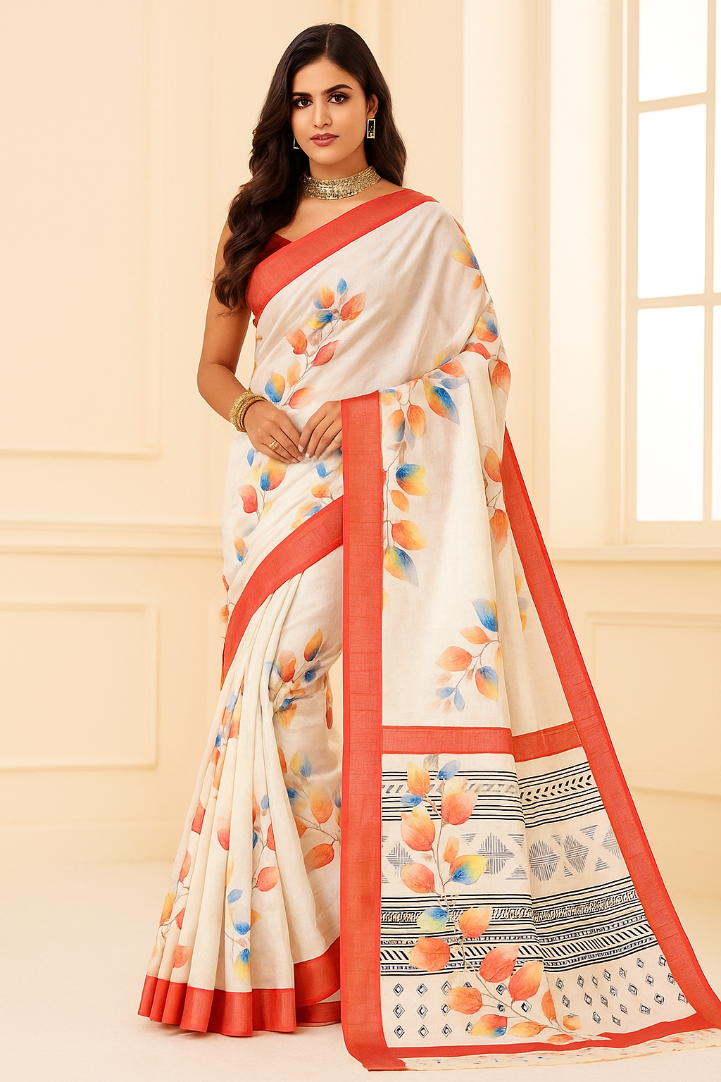 Hand Block Printed and Hand Brush painted White Bapta Tussar silk with Multicolour Design