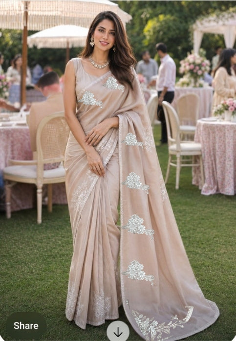 Beige Colour Tussar by Katan Silk with Embroidery Work in the Border