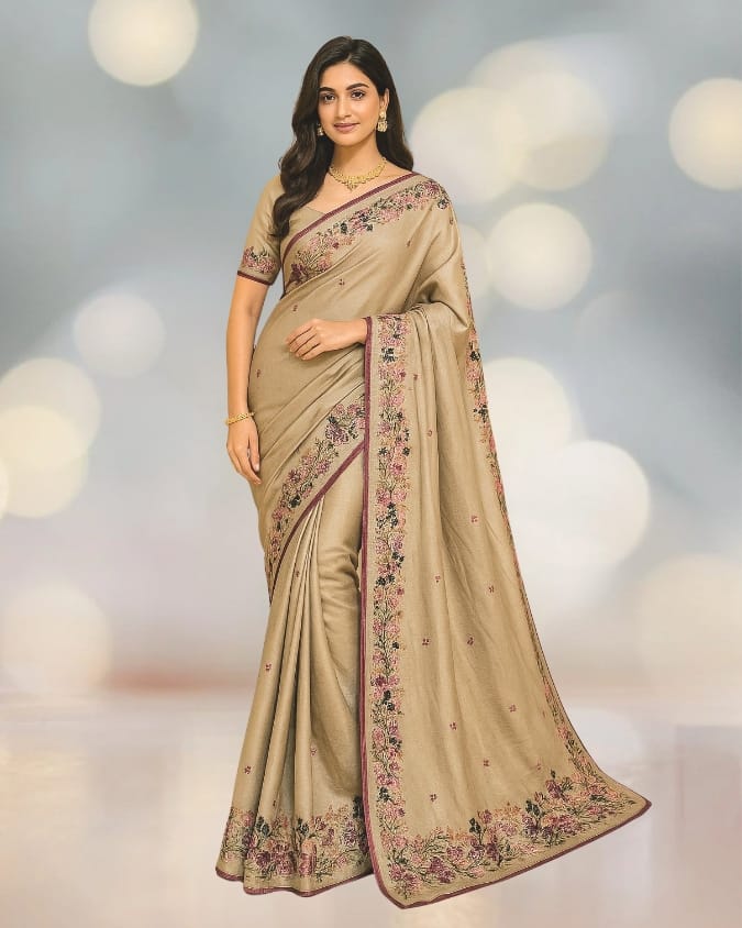 Embroidery Work on Beige Colour Katan Silk