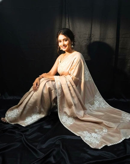 Beige Colour Tussar by Katan Silk with Embroidery Work in the Border