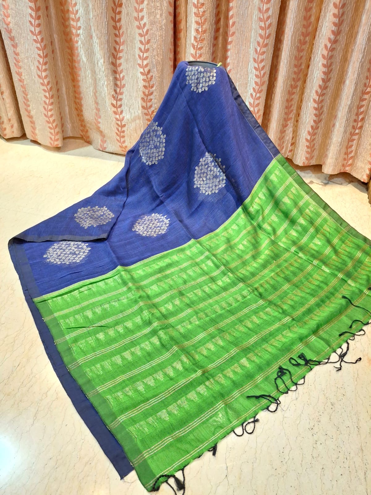 Royal Blue and Green colour Organic Linen with Zari Weaved Design