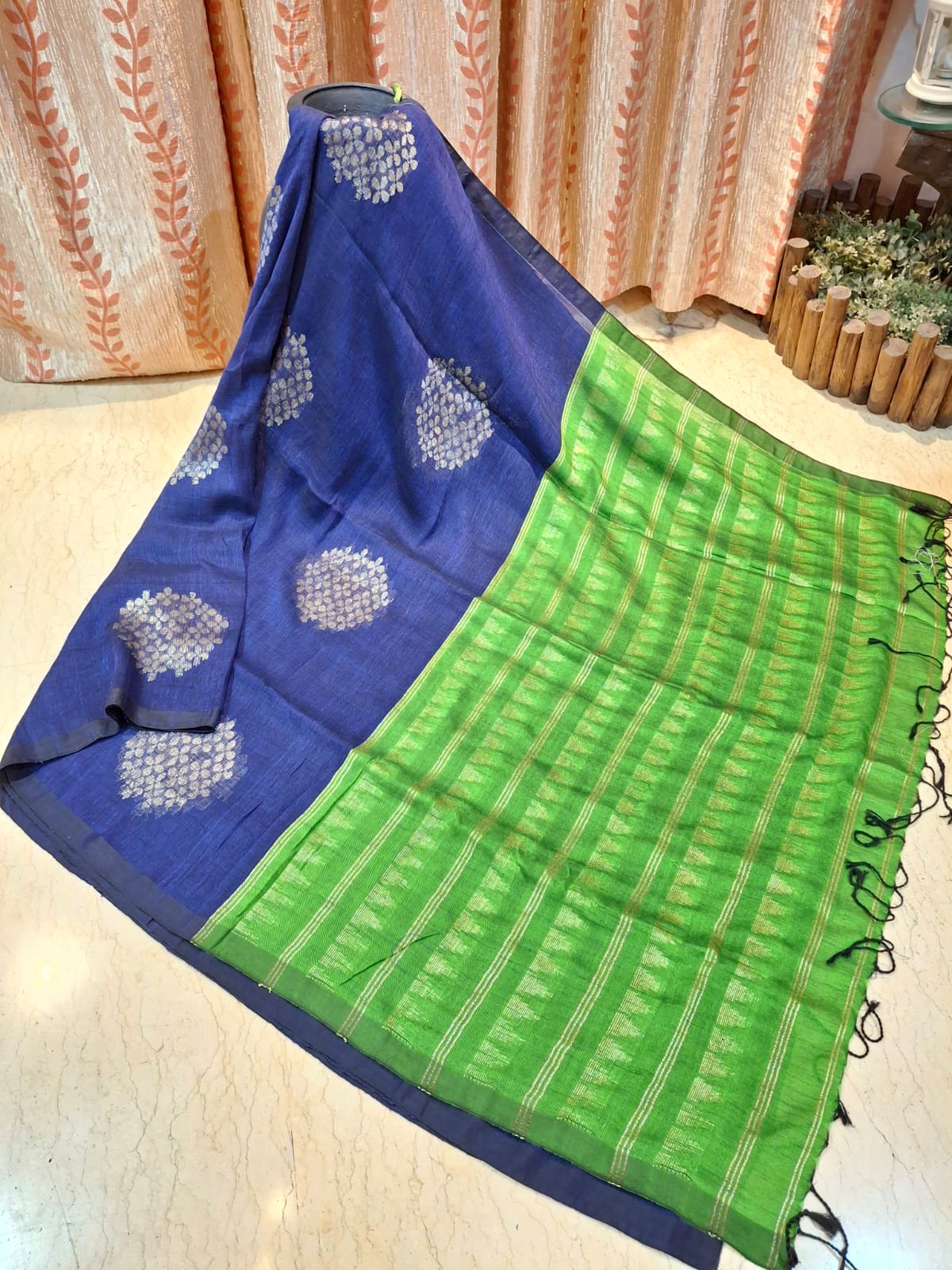 Royal Blue and Green colour Organic Linen with Zari Weaved Design