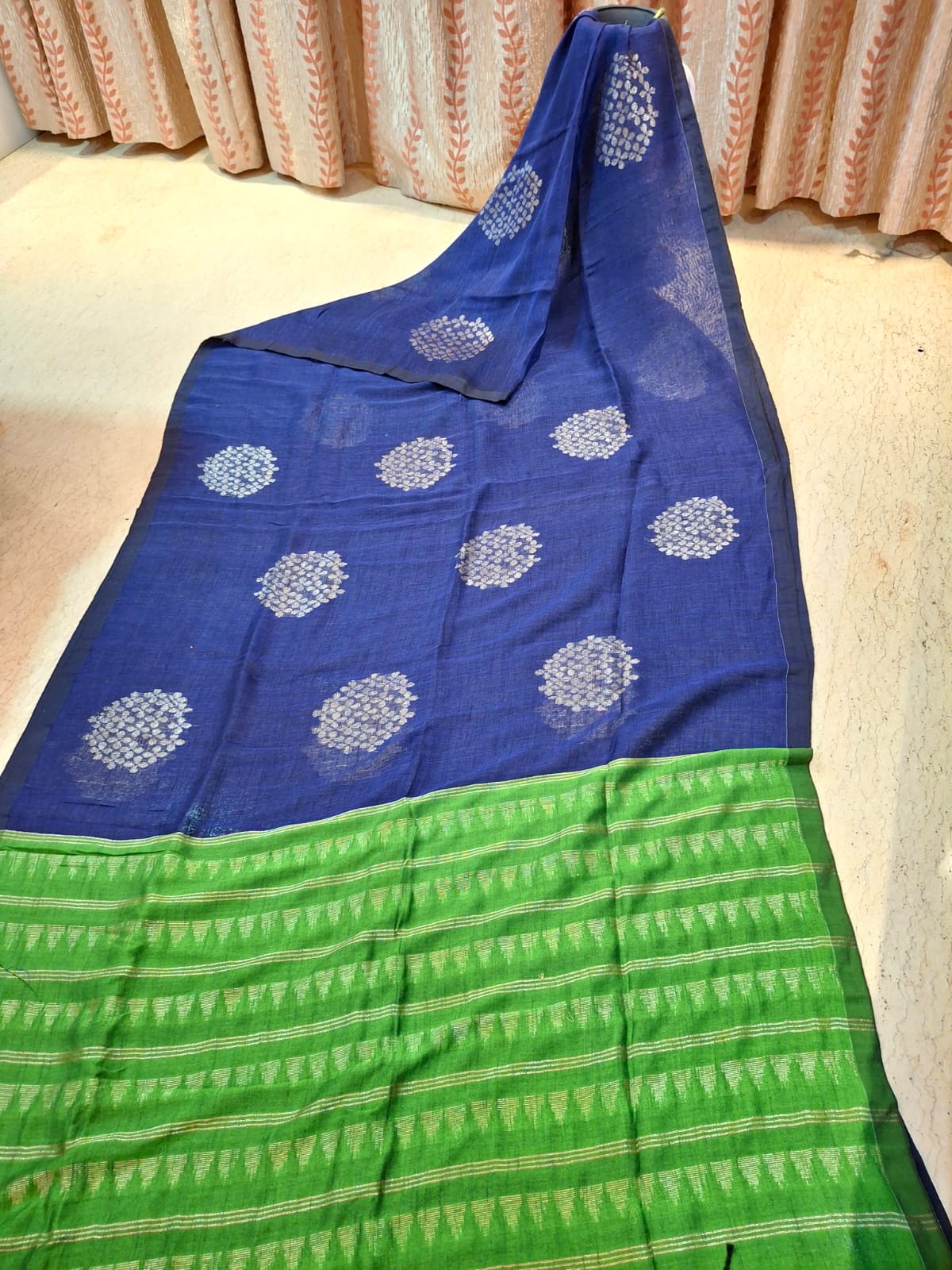 Royal Blue and Green colour Organic Linen with Zari Weaved Design