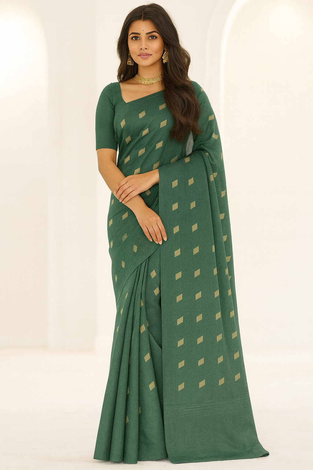Dark Green Colour Katan Silk Saree with Zari Weaved Motifs