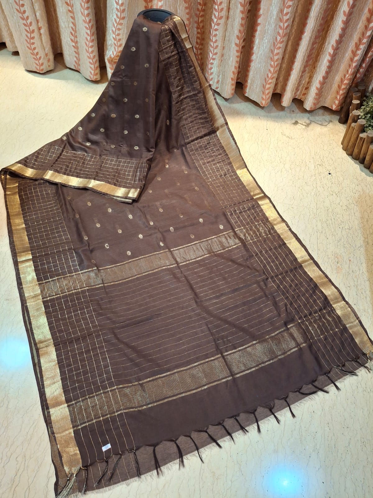 Dark Brown Katan Silk with Zari Weaved Design in the body