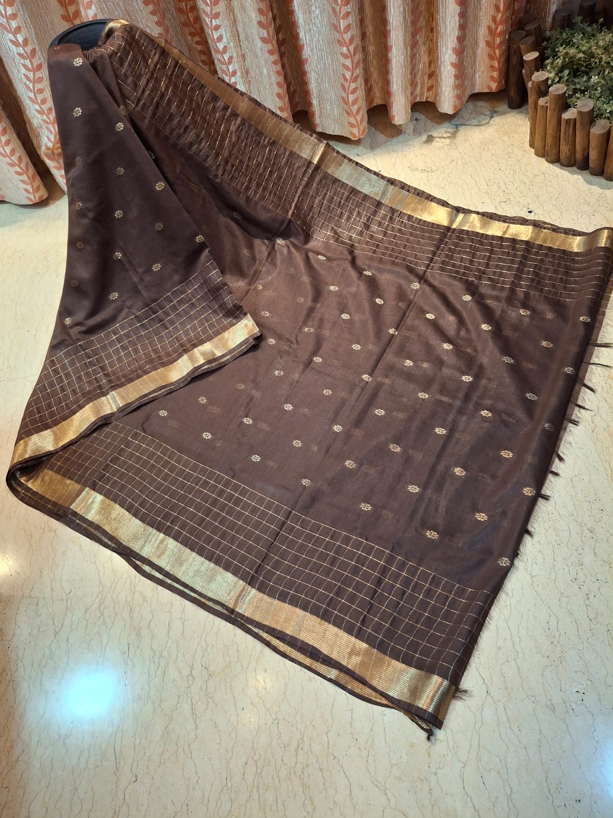 Dark Brown Katan Silk with Zari Weaved Design in the body