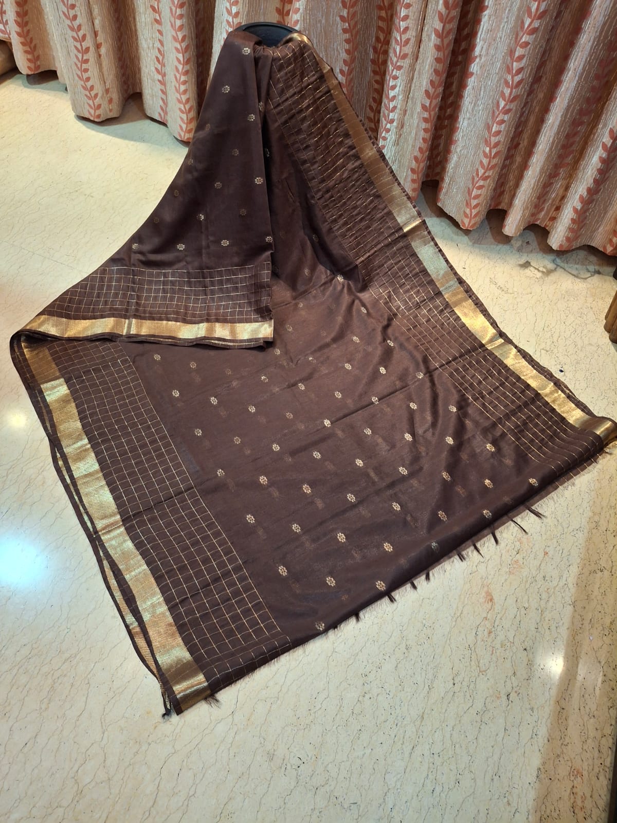 Dark Brown Katan Silk with Zari Weaved Design in the body
