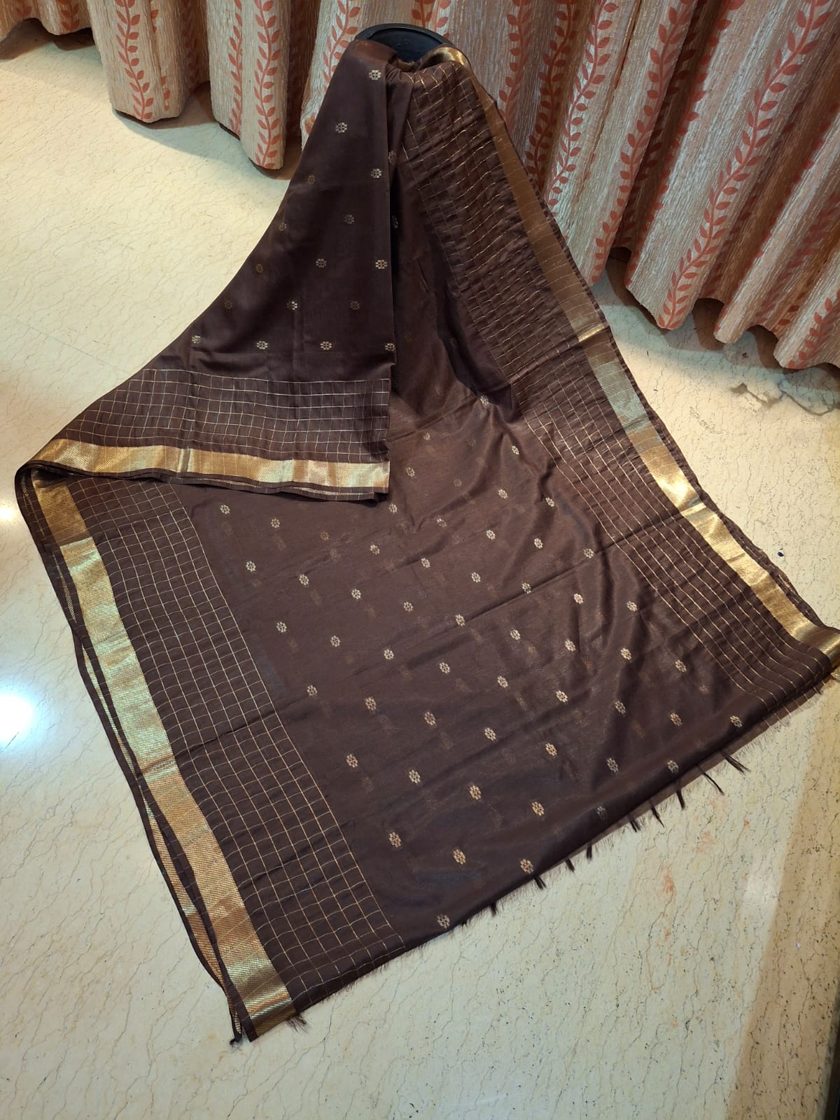 Dark Brown Katan Silk with Zari Weaved Design in the body