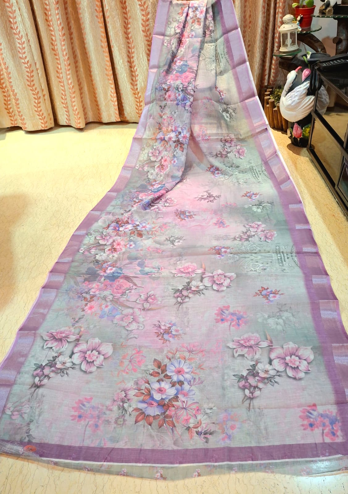 Multi Colour Printed Organic Linen Saree