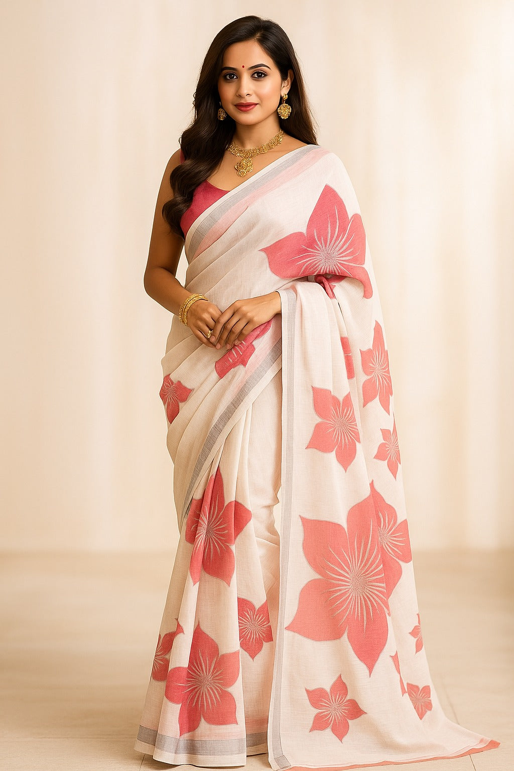 White and Pink Colour Digital Printed Linen with Zari Border
