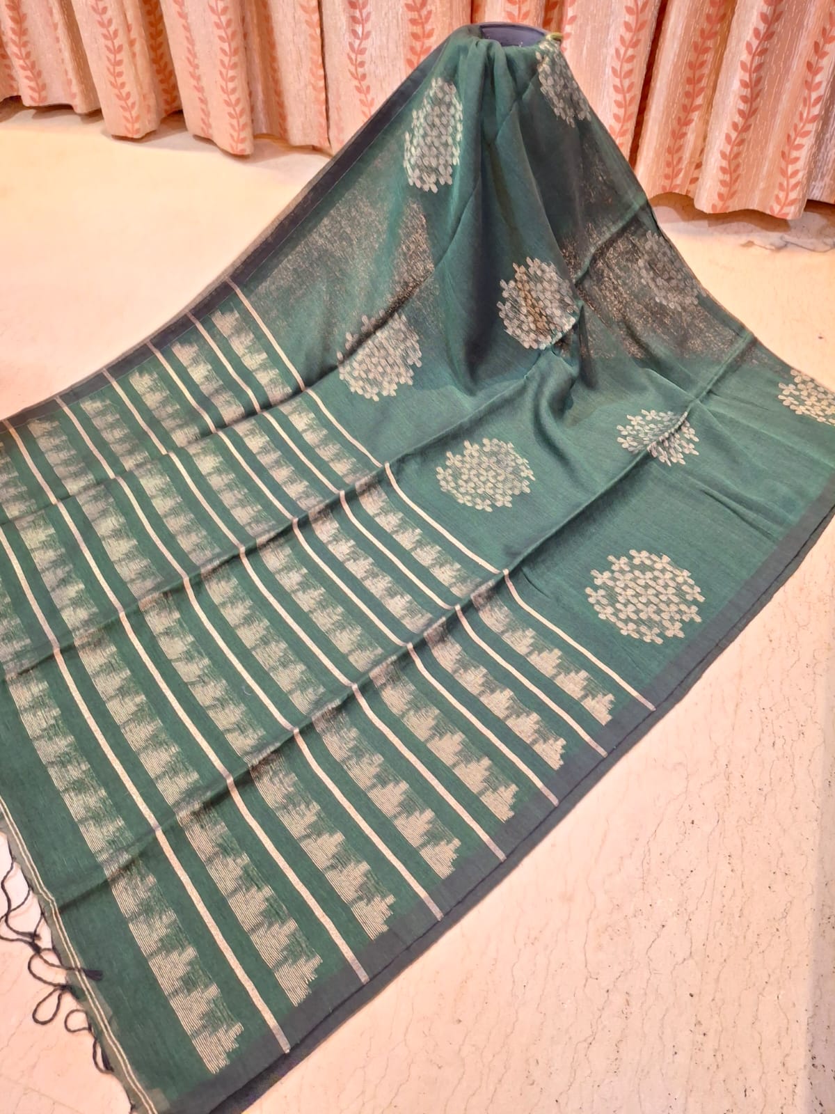 Deep Green Colour Organic Linen with Zari Weaved Design in the Body and Anchal